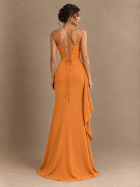 Black and White Strapless Ruched Prom Dress with High Slit & Side Drape