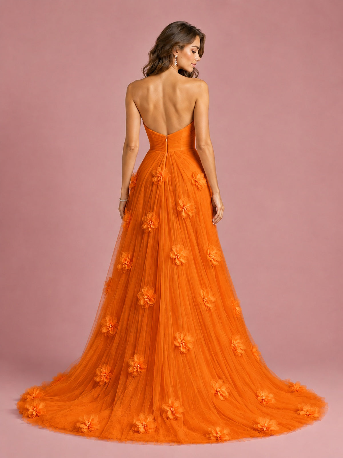 3D Floral Applique Strapless Tulle Prom Dress with High Slit