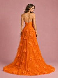 3D Floral Applique Strapless Tulle Prom Dress with High Slit