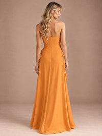 Yellow Strapless A-line Satin Maxi Dress with 3D Floral