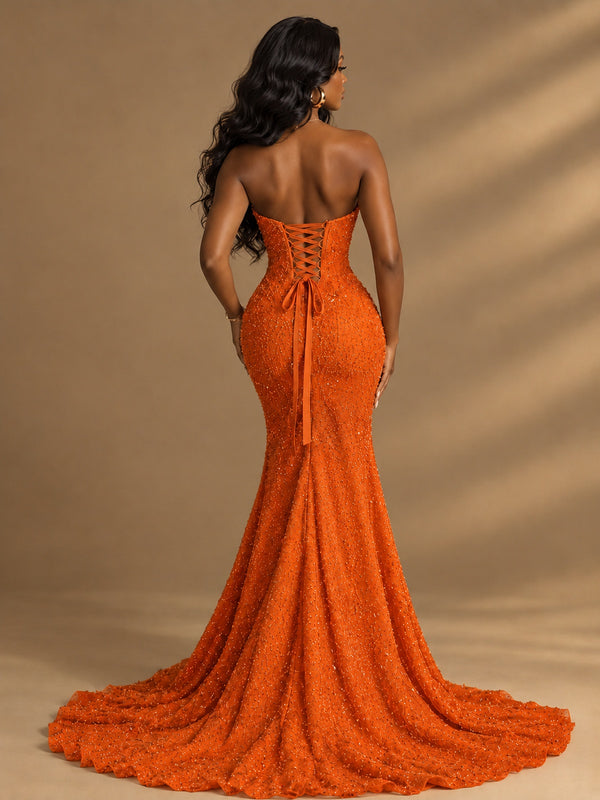 Beaded Sequin Prom Dress Strapless Formal Gowns with High Slit Train
