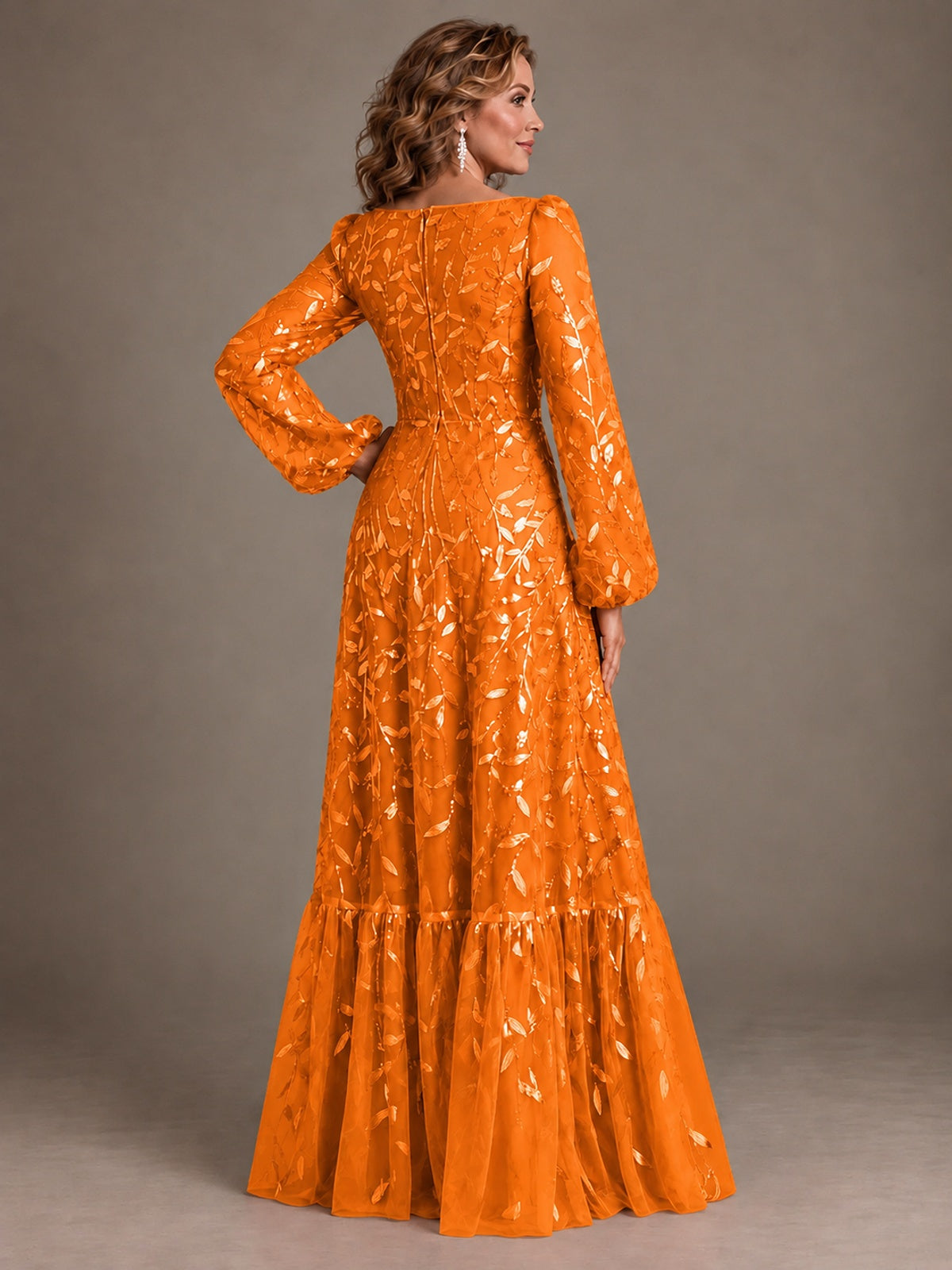 Floral Sequin Embroidered A-Line Mother of the Bride Dress with Long Sleeves