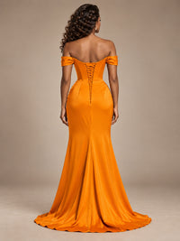 Burgundy Off-the-Shoulder Satin Corset Prom Dress with Slit