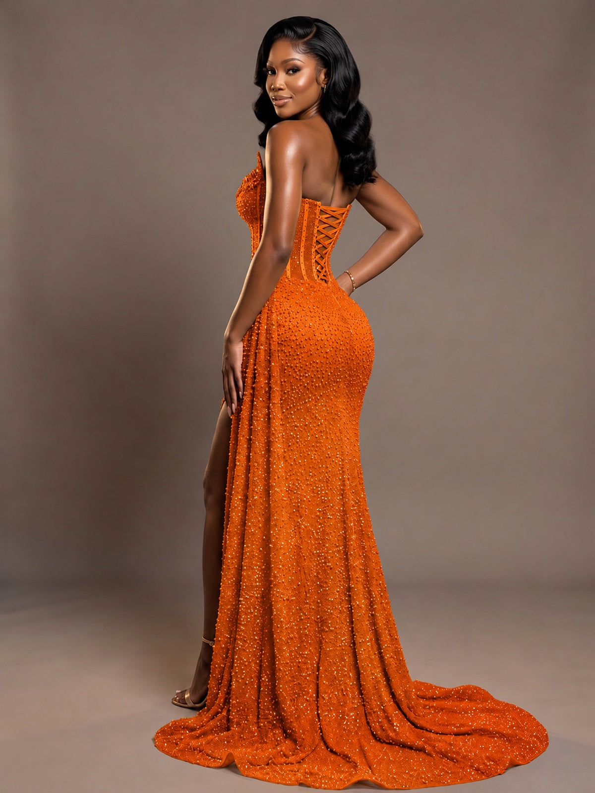 Luxury Strapless Sequin Corset Mermaid Prom Dress with High Slit & Train