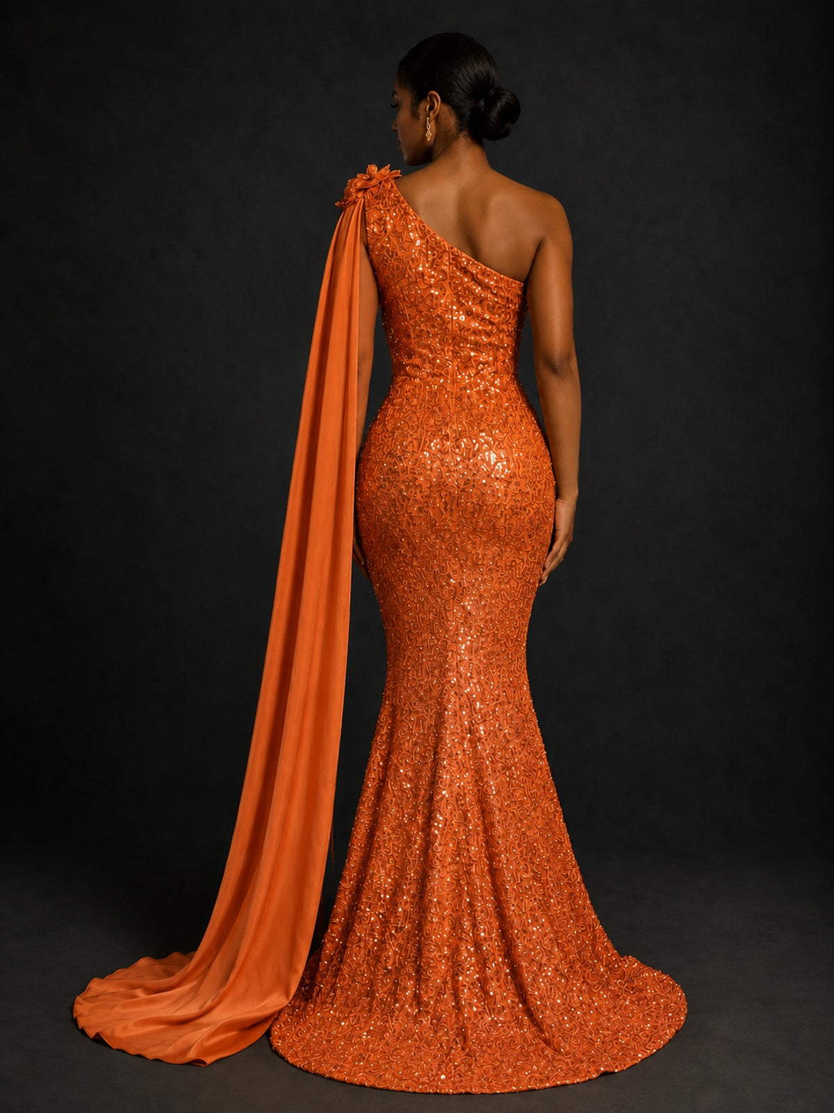 Gold Sequin One Shoulder Mermaid Prom Dress with Cape