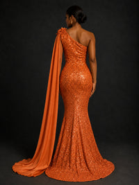 Gold Sequin One Shoulder Mermaid Prom Dress with Cape