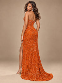 Gold Sequin Strapless Corset Prom Dress with High Slit