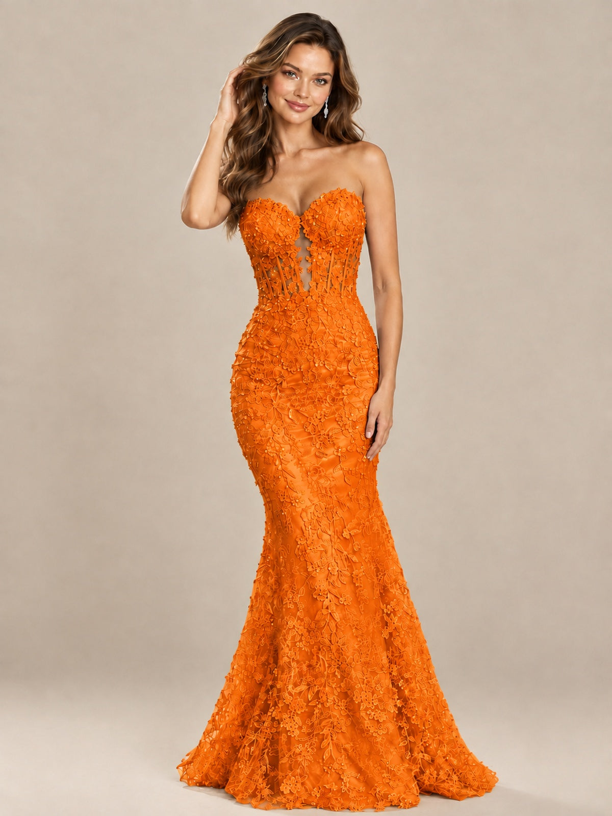 Strapless Corset Mermaid Prom Dress with Floral Lace Appliqué