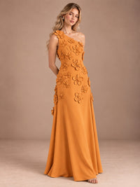 Sage Green One Shoulder Satin Formal Maxi Dress with 3D Floral