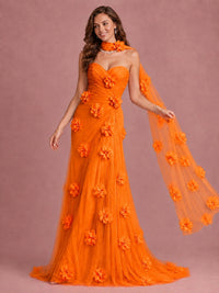 Blush Pink Strapless Sweetheart 3D Floral Tulle Mermaid Prom Dress