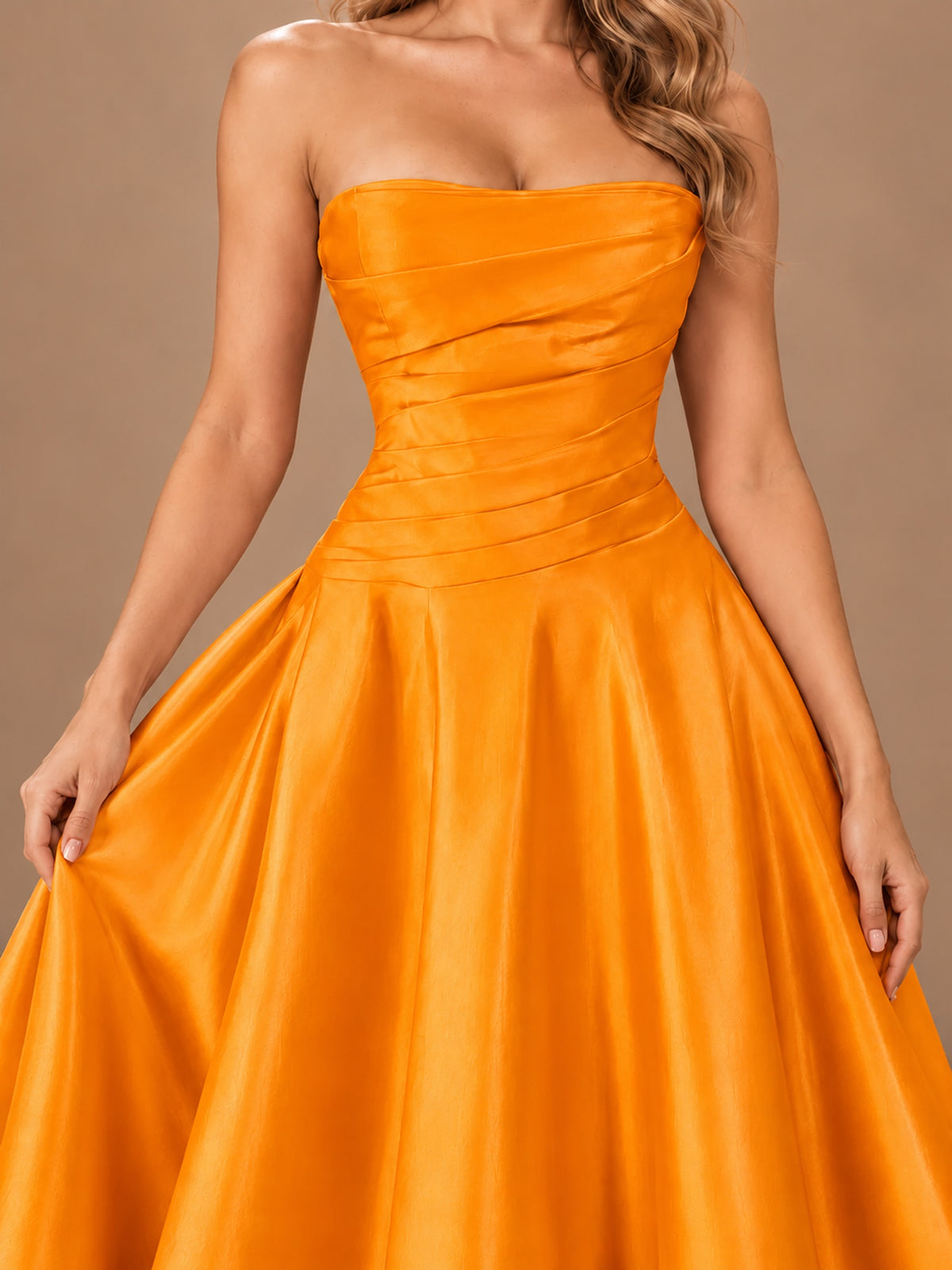 Blush Pink Strapless Satin A-Line Prom Dress with Ruched Bodice