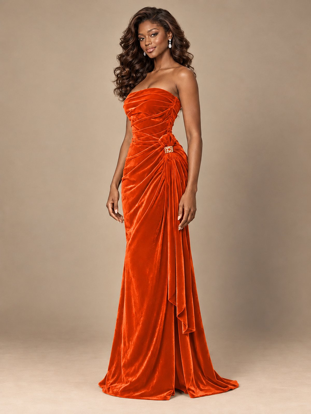 Burgundy Velvet Strapless Ruched Prom Dress with Jeweled Side Drape
