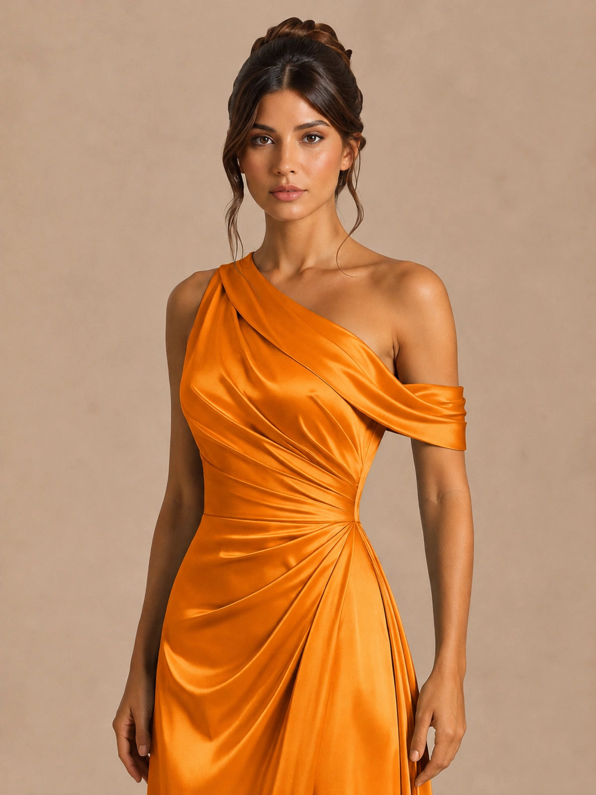 Satin One Shoulder Prom Dress Ruched Long Formal Evening Gown