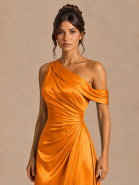 Satin One Shoulder Prom Dress Ruched Long Formal Evening Gown