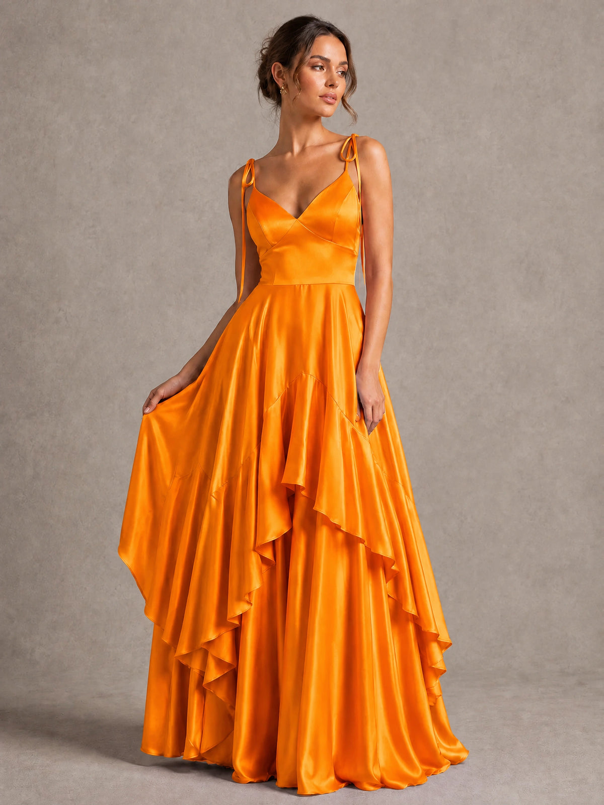 Lavender Satin V-Neck Ruffle Maxi Dress