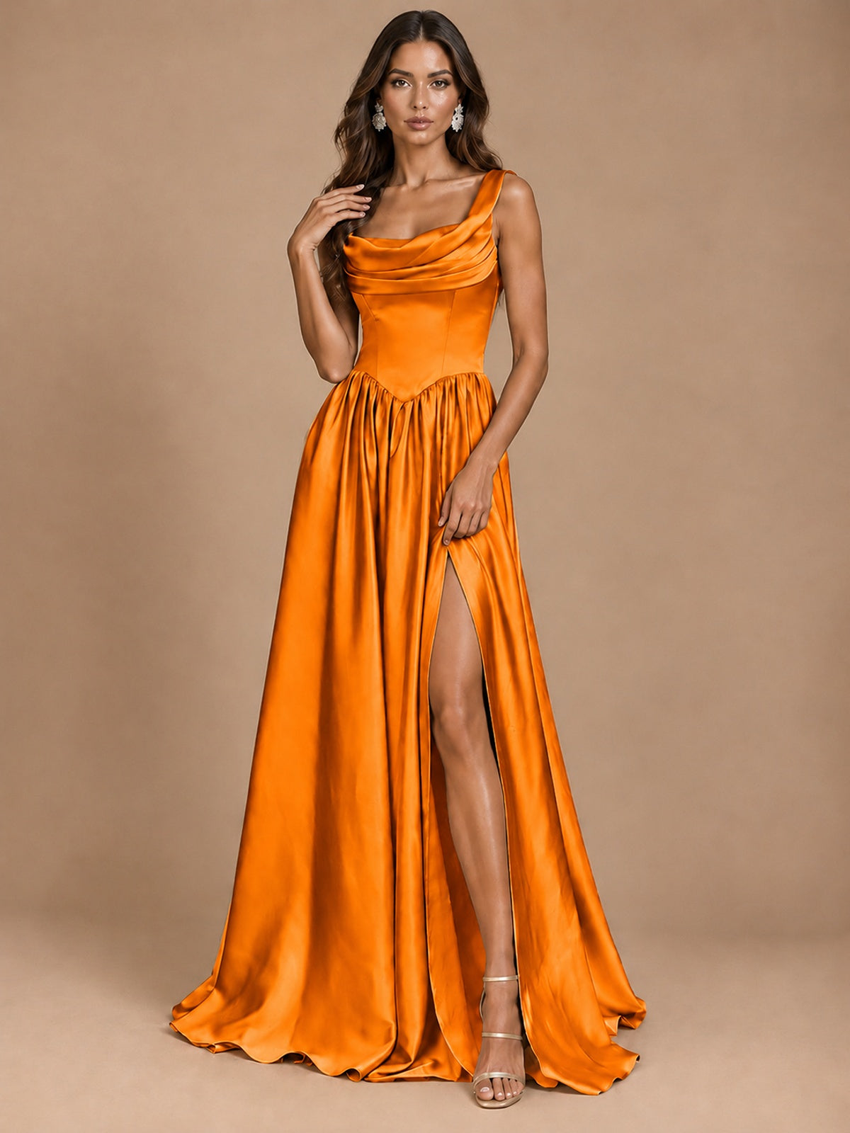Cowl Neck Pleated Satin Prom Dress with Pockets & Slit Maxi Formal Gowns