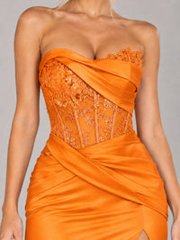 Strapless Satin Prom Dress with Sheer Lace Corset & High Slit