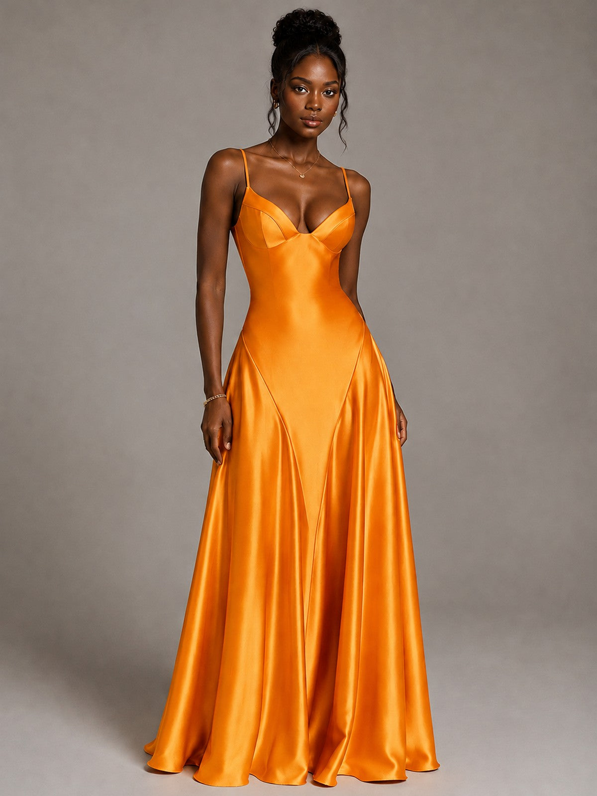 Lavender V Neck Satin Prom Dress with Spaghetti Straps