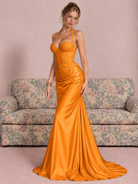 Sparkling Halter Corset Satin Mermaid Prom Dress