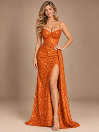 Burgundy Sequin Corset Prom Dress with High Slit