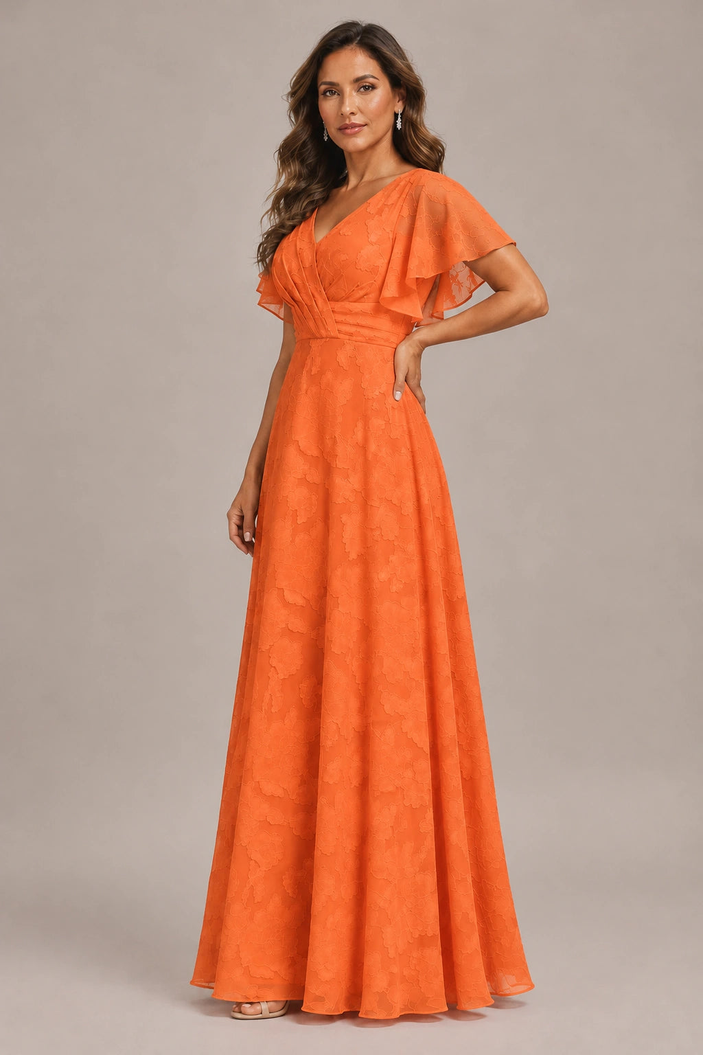 Jovellee Floral Chiffon A-Line Mother of the Bride Dress with Flutter Sleeves