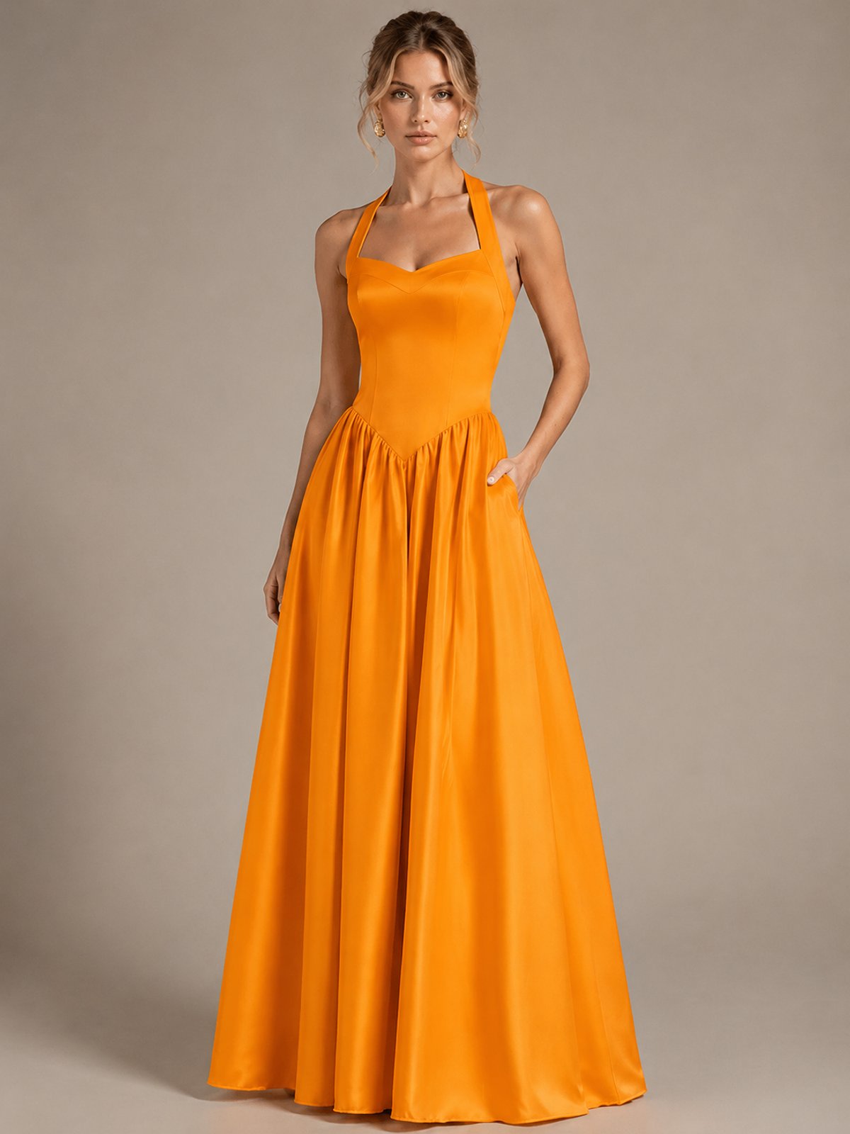 Light Yellow Halter Neck Satin A-Line Maxi Dress with Pockets