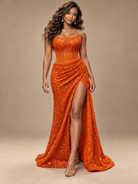 Gold Sequin Strapless Corset Prom Dress with High Slit