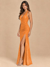 Halter V-Neck Sequin Mermaid Prom Dress with High Slit