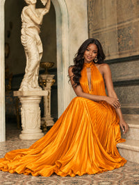 Rust Orange Pleated Halter Neck Maxi Dress