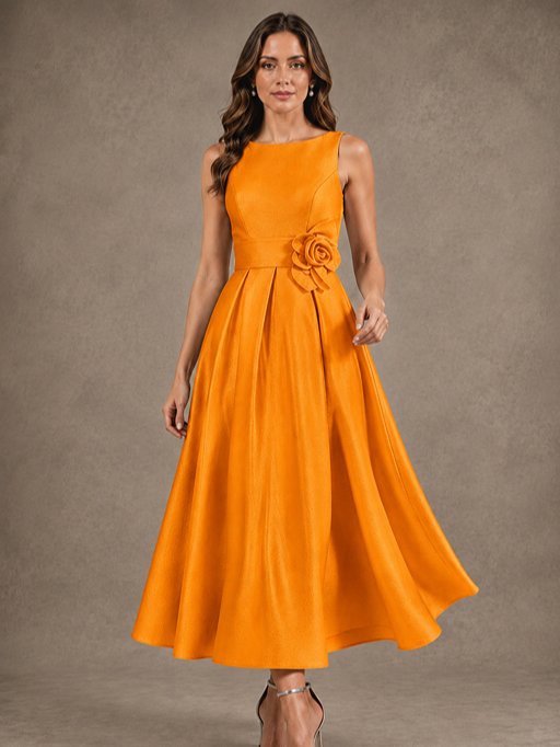 Tea-Length Satin Mother of the Bride Dress with 3D Flower Detail