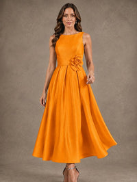 Tea-Length Satin Mother of the Bride Dress with 3D Flower Detail