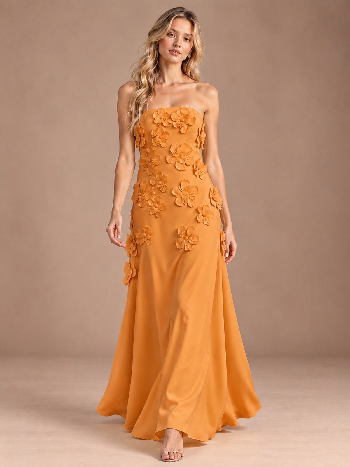 Yellow Strapless A-line Satin Maxi Dress with 3D Floral