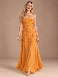 Yellow Strapless A-line Satin Maxi Dress with 3D Floral