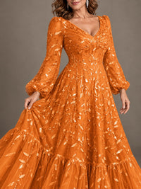 Floral Sequin Embroidered A-Line Mother of the Bride Dress with Long Sleeves