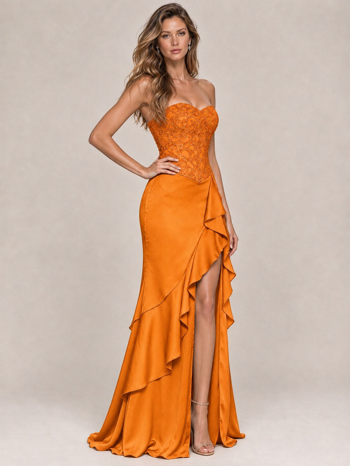 Strapless Lace Appliques Corset Satin Prom Dress Ruffle Slit Evening Gown