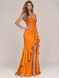 Strapless Lace Appliques Corset Satin Prom Dress Ruffle Slit Evening Gown