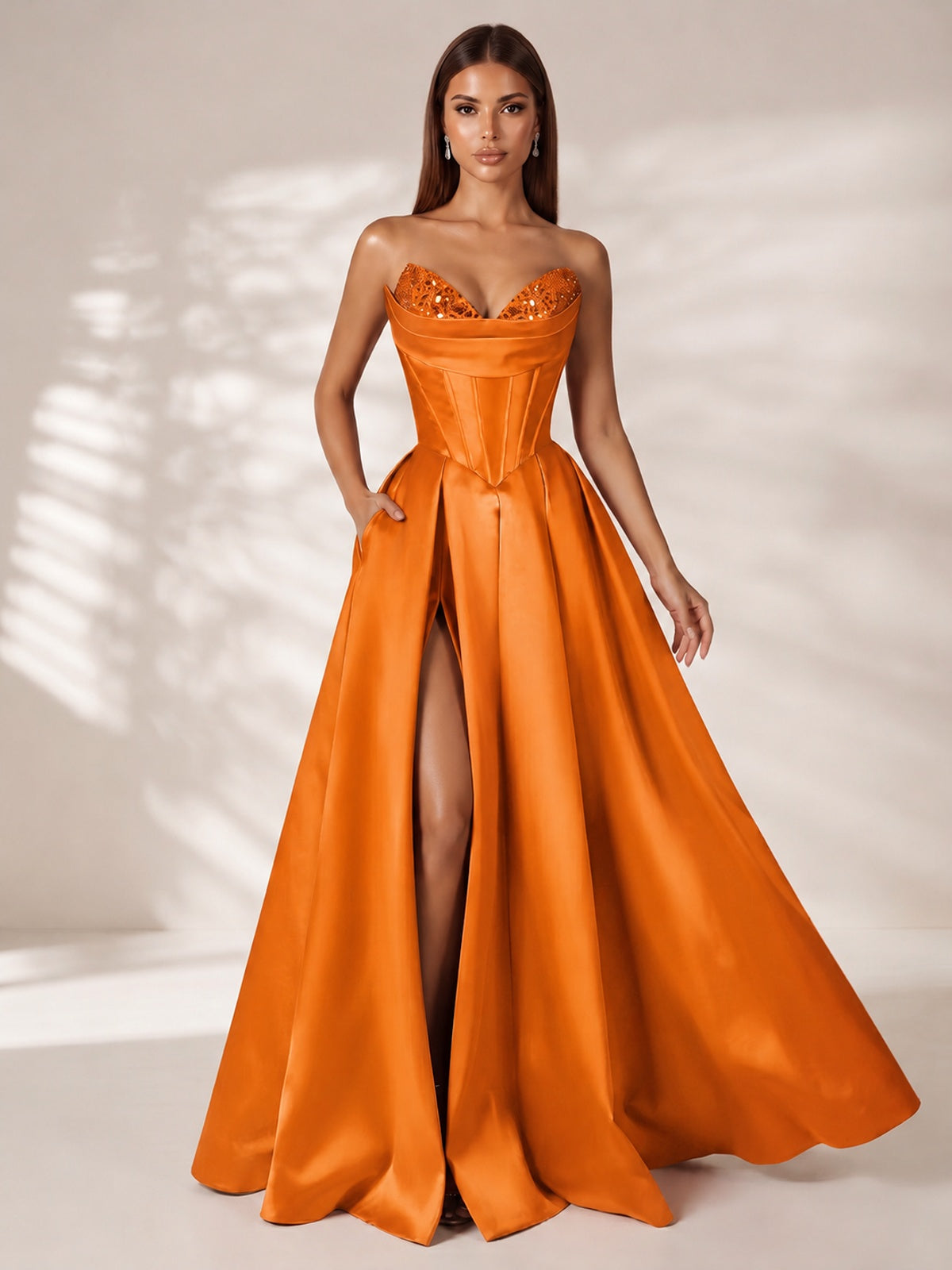 Strapless Corset Satin Prom Dress Long Evening Gown with High Slit