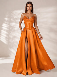 Strapless Corset Satin Prom Dress Long Evening Gown with High Slit