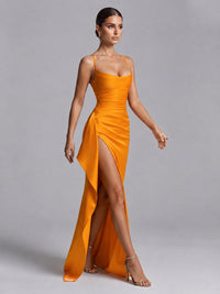 Square Neck Satin Long Prom Dress with Ruffles