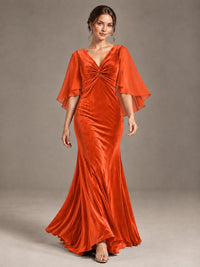Navy Blue Velvet V Neck Mermaid Formal Dress with Flutter Cape Sleeves