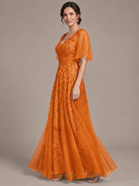 V-Neck Sequin Tulle Mother of the Bride Dress with Flutter Sleeve