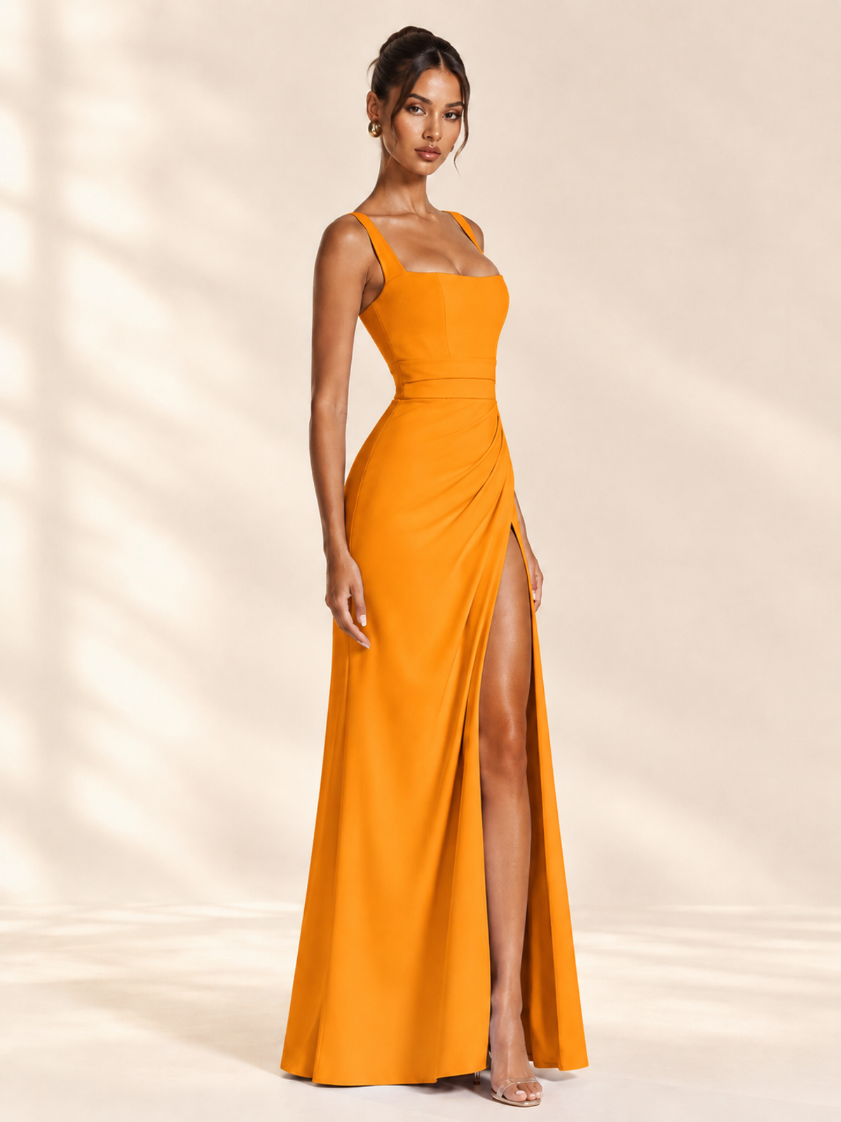 Square Neck Satin Sleeveless Ruched Prom Dress with High Slit