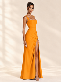 Square Neck Satin Sleeveless Ruched Prom Dress with High Slit