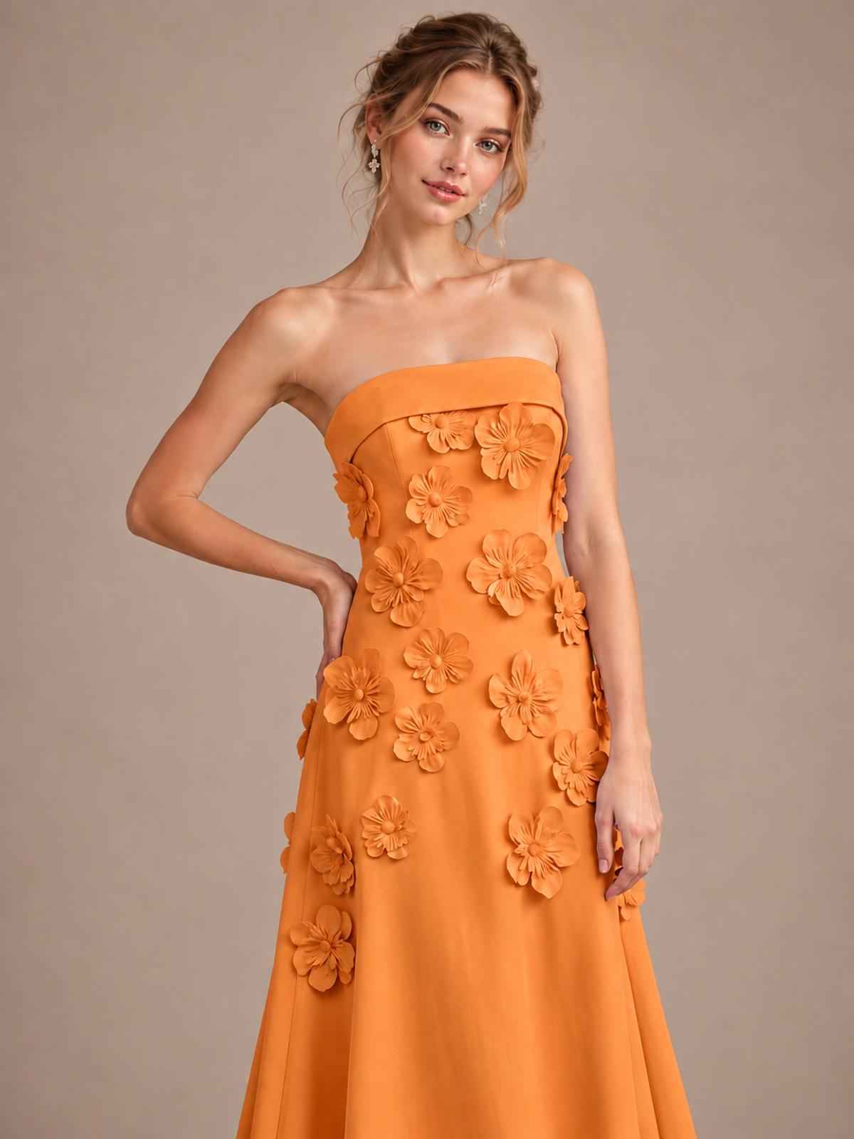 Yellow Strapless 3D Floral Appliques Maxi Dress