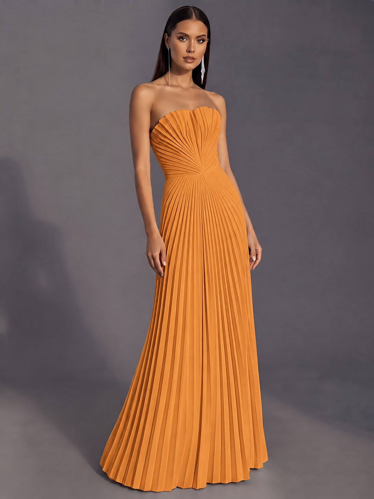 Strapless A-line Long Pleated Satin Prom Dress