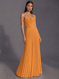 Strapless A-line Long Pleated Satin Prom Dress