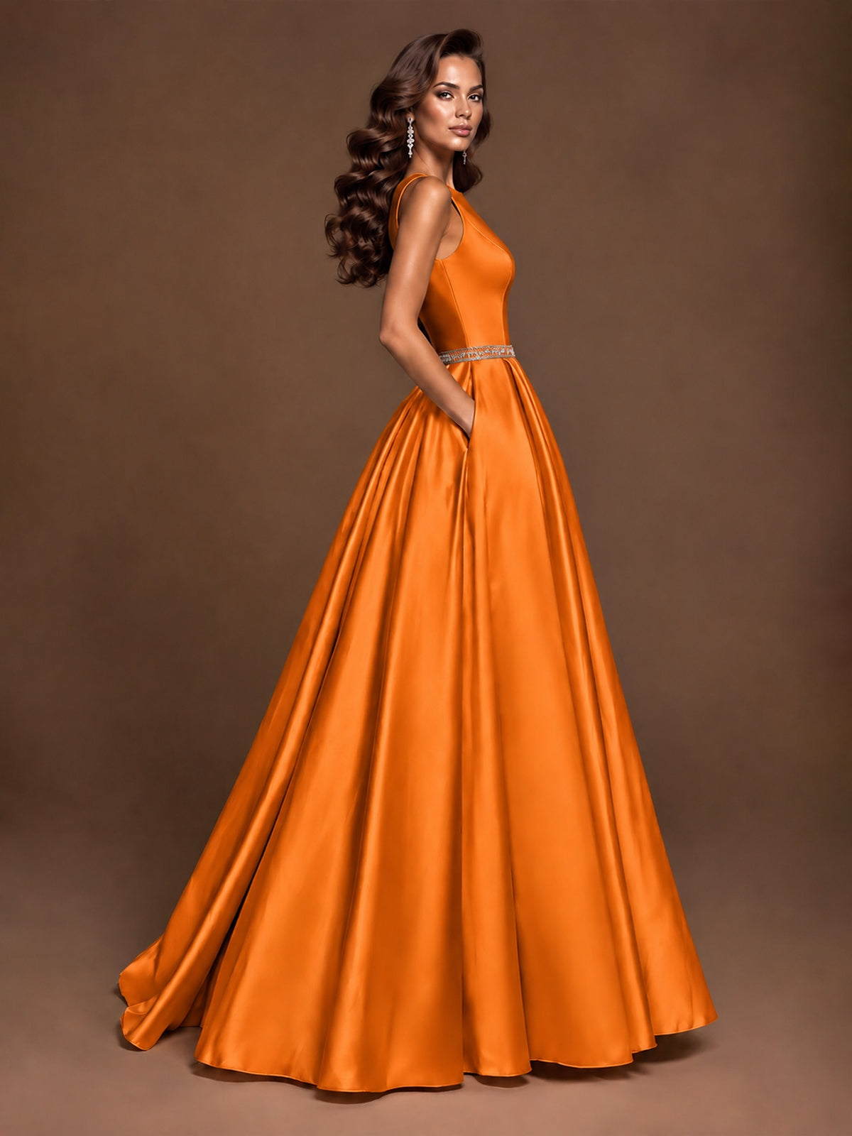 Satin A-Line Prom Dress Sleeveless Beaded Waist Formal Gown with Pockets