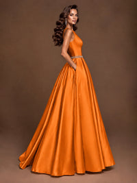Satin A-Line Prom Dress Sleeveless Beaded Waist Formal Gown with Pockets