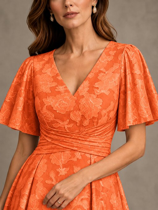 V-Neck Floral Jacquard Tea-Length Mother of the Bride Dress