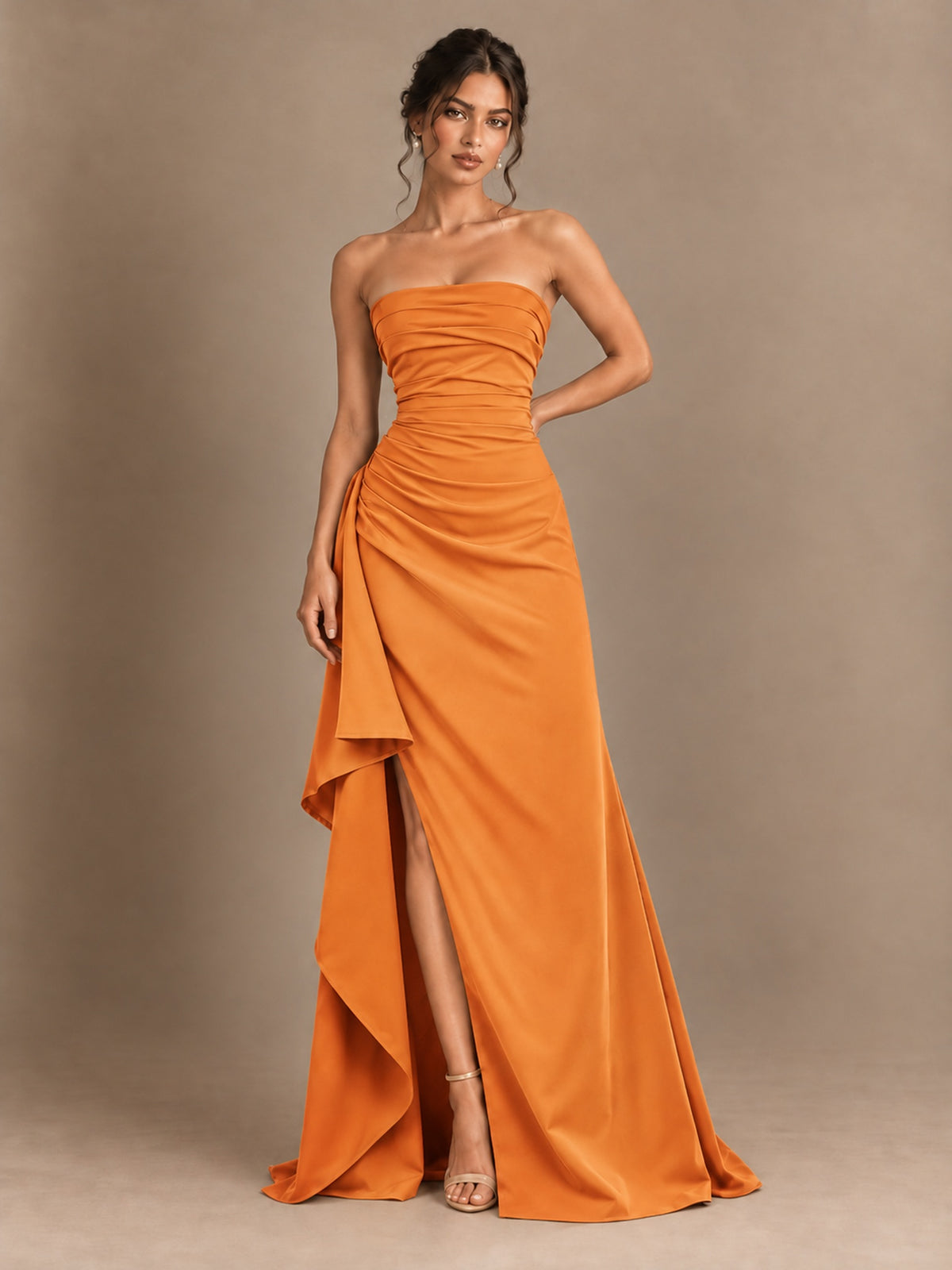 Black and White Strapless Ruched Prom Dress with High Slit & Side Drape